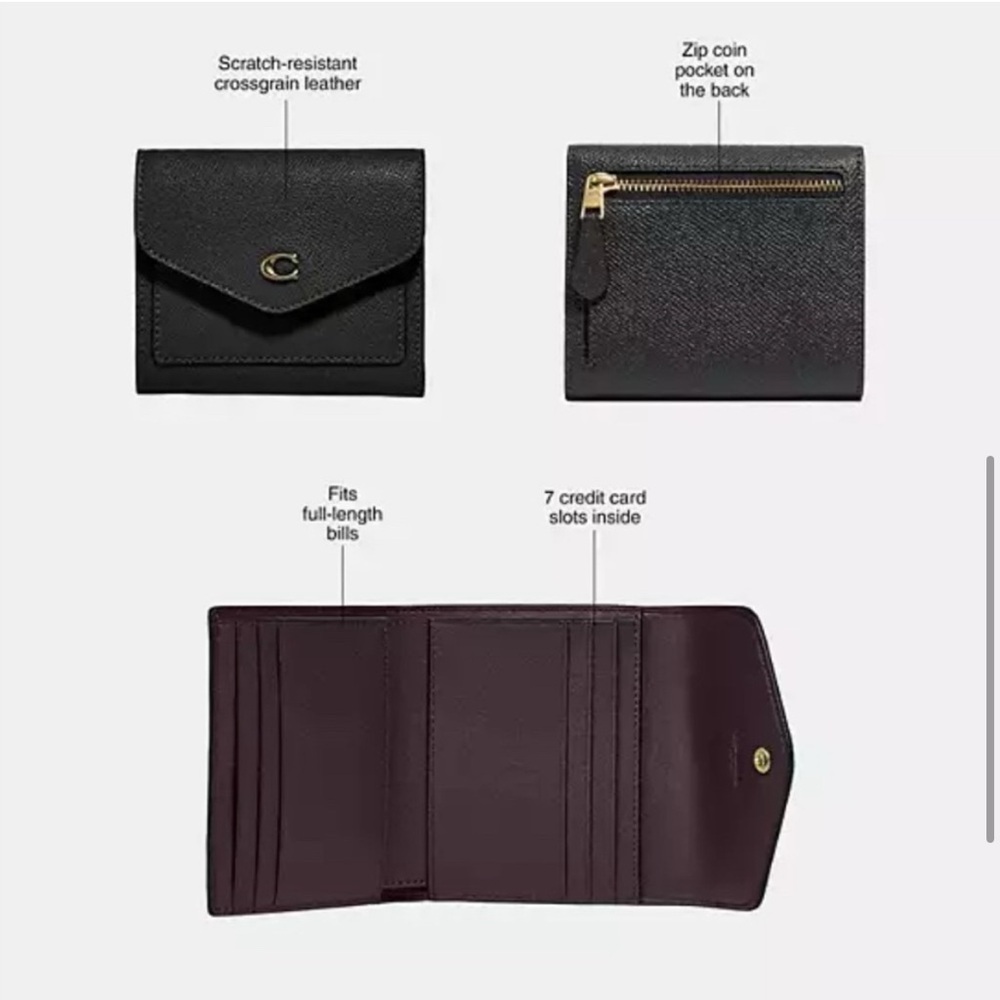 COACH Brand New βWynβ Tri-Fold Envelope Leather Wallet, Brass/Merlot - Picture 8 of 9
